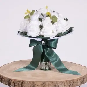Buchet Bujori cu Trandafiri si Perle - Verde / Alb - Img 2