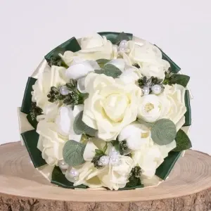 Buchet Bujori cu Trandafiri si Perle - Verde / Ivoire - Img 3