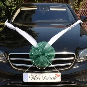 Decor masina pentru nunta cu pampon din tulle cu perle - Verde