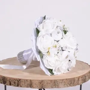 Buchet Bujori cu Trandafiri si Perle - Alb