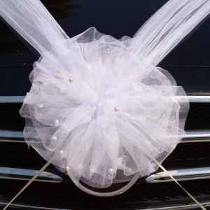 Decor masina pentru nunta cu pampon din tulle cu perle - Alb - Img 2