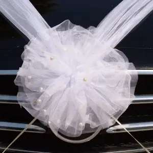 Decor masina pentru nunta cu pampon din tulle cu perle - Alb - Img 2