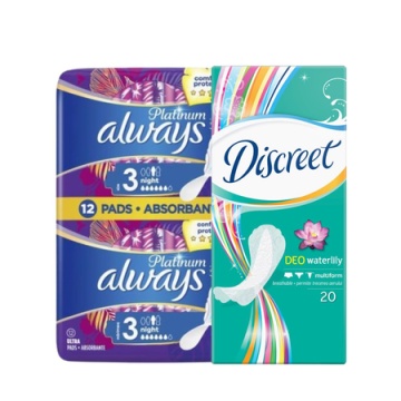 Pachet: Aborbante Always Platinum Night, 12 buc + Absorbante zilnice Discreet Waterlily, 20 buc [3501]