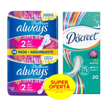 Pachet: Aborbante Always Platinum Super, 14 buc + Absorbante zilnice Discreet Waterlily, 20 buc [8296]
