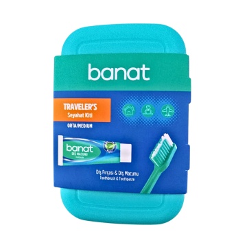 Set cadou calatorie cu periuta si pasta de dinti 15 ml, ata dentara 10 m si etui Banat [6471]