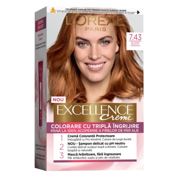 Vopsea permanenta de par cu amoniac L'Oreal Paris Excellence Creme 7,43 Blond Aramiu