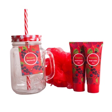 Set Pokhara Borcan Cocktail Crystal Fructe Padure cu lotiune pentru corp, crema de maini si puf baie [4498]