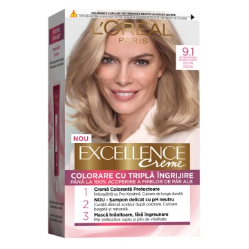Vopsea permanenta de par cu amoniac L'Oreal Paris Excellence Creme 9,1 Blond Cenusiu F,Deschis