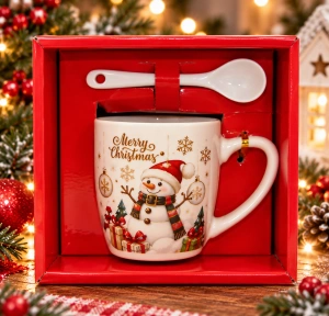 Set Cadou de Crăciun – Cană Ceramică cu Om de Zăpadă și Linguriță