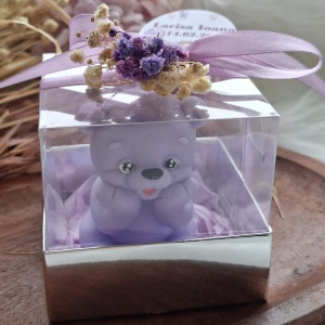 Mărturie botez din săpun - ursuleţ mov în cutiuţă -model 1