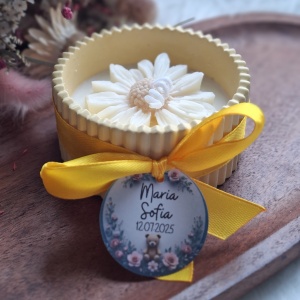 Mărturii botez – lumânări parfumate în recipient ceramic -galben