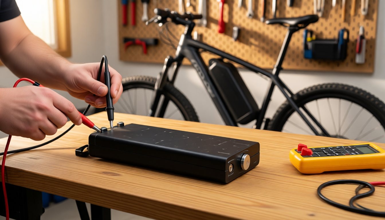 Verificarea tensiunii unei baterii de bicicleta electrica second hand cu multimetrul