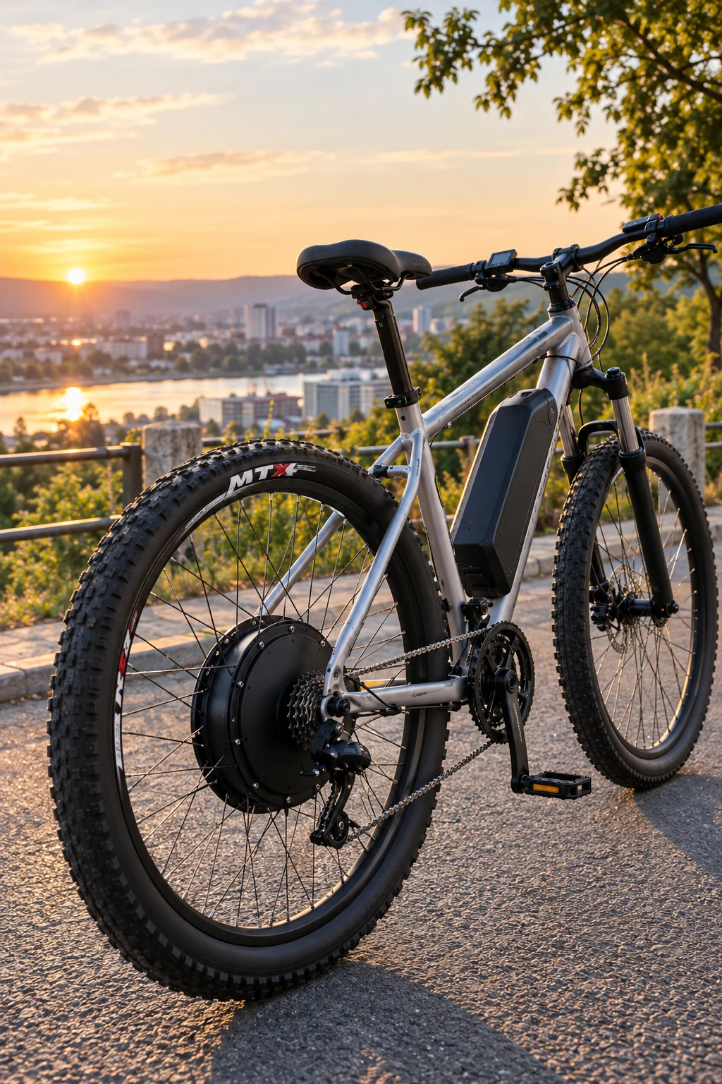 Bicicleta de munte convertita cu motor in butucul spate si baterie pe cadru, pe un deal la apus