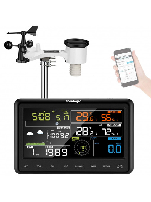 Stație meteo profesională fără fir Sainlogic WS3500 cu senzor exterior alimentat cu energie solară, pluviometru, prognoză meteo, anemometru, ecran color