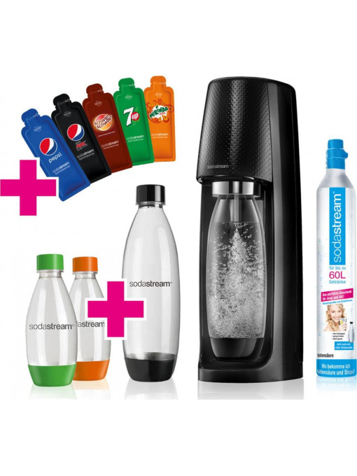 Pachet SodaStream (aparat + butelie CO2 + carafa 1L + 2 carafe 0.5L + 5 arome de suc)