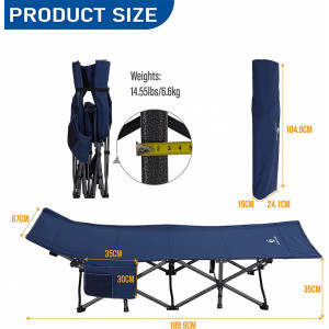 Pat de camping ALPHA CAMP pliabil cu buzunar lateral, aluminiu, greutate suportată până la 250 kg, interior/exterior (190 x 67 x 35 cm; 6.6 kg), albastru cyan - Img 4
