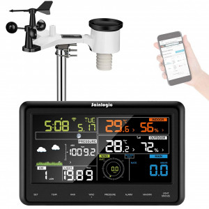 Stație meteo profesională fără fir Sainlogic WS3500 cu senzor exterior alimentat cu energie solară, pluviometru, prognoză meteo, anemometru, ecran color - Img 1