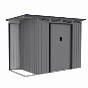 Casuta / magazie de gradina premium metalica, MESTERINO Chester-A, Gri/Bej, dimensiuni 257x142x184 cm, cu usi culisante si baza metalica