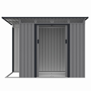 Casuta / magazie de gradina premium metalica, MESTERINO Chester-A, Gri/Bej, dimensiuni 257x142x184 cm, cu usi culisante si baza metalica - Img 4