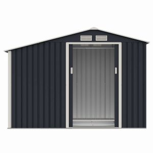 Casuta / magazie de gradina premium metalica, MESTERINO Luke-A, Gri/Bej, dimensiuni 278x131x195 cm, cu usi culisante si baza metalica - Img 4