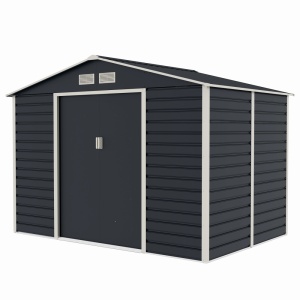Casuta / magazie de gradina premium metalica, MESTERINO Evan-C, Gri/Bej, dimensiuni 277x195x200 cm, cu usi culisante si baza metalica - Img 3