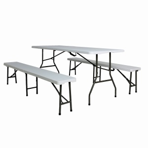 Set masa pliabila 4 persoane din otel cu HDPE 180x70x74 cm + doua banci pliabile din otel si HDPE 183x28x43cm, MESTERINO FURNITURE KJC2061-SET, culoare alba