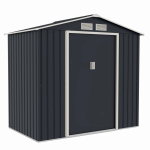 Casuta / magazie de gradina premium metalica MESTERINO Archer-A, Gri/Bej, dimensiuni 213x131x195 cm, cu usi culisante si baza metalica - Img 2