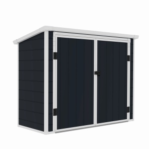 Casuta / magazie de gradina premium, panel plastic si ranforsare metal, MESTERINO Colin-A, Gri/Bej, dimensiuni 199x90x149 cm, usi cu balama, baza metalica - Img 3