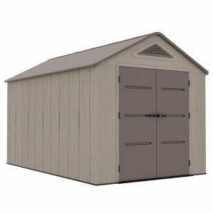 Casuta / magazie de gradina din polietilena HDPE Mesterino PLATO-D, usi si acoperis maro, pereti gri antracit, 250x378x242 cm, cu podea din plastic HDPE, cinci carlige si doua polite CADOU - Img 4