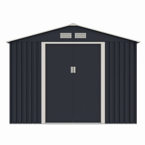 Casuta / magazie de gradina metalica MESTERINO S1001-D gri/bej 261x241x198 cm, usi culisante, baza metalica CADOU