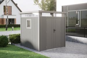 Casuta / magazie de gradina premium metalica, KLUGMEISTER Anna-B Gri Aluminiu, dimensiuni 230x230x222 cm, cu fereastra si baza metalica - Img 4