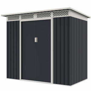 Casuta / magazie de gradina premium metalica, MESTERINO Bella-A, Gri/Bej, dimensiuni 215x142x184 cm, cu usi culisante si baza metalica - Img 3
