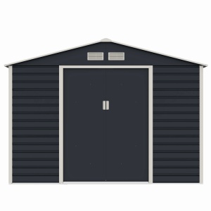 Casuta / magazie de gradina premium metalica, MESTERINO Evan-C, Gri/Bej, dimensiuni 277x195x200 cm, cu usi culisante si baza metalica