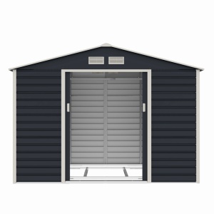 Casuta / magazie de gradina premium metalica, MESTERINO Evan-C, Gri/Bej, dimensiuni 277x195x200 cm, cu usi culisante si baza metalica - Img 4