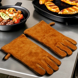 Set manusi protectie pentru gratar KLUGMEISTER KY360180AST, material piele, culoare maro - Img 3