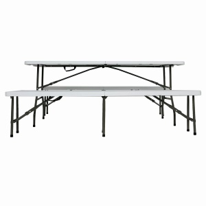 Set masa pliabila 4 persoane din otel cu HDPE 180x70x74 cm + doua banci pliabile din otel si HDPE 183x28x43cm, MESTERINO FURNITURE KJC2061-SET, culoare alba - Img 2