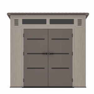 Casuta / magazie de gradina din polietilena HDPE Mesterino HUME-A, usi si acoperis maro, pereti gri antracit, 254x254x230 cm, cu podea din plastic HDPE, cinci carlige si doua polite CADOU