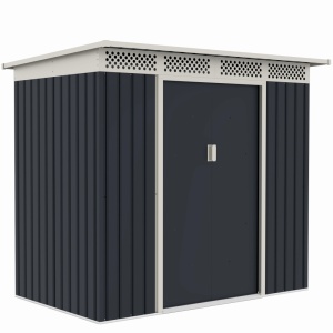 Casuta / magazie de gradina premium metalica, MESTERINO Bella-A, Gri/Bej, dimensiuni 215x142x184 cm, cu usi culisante si baza metalica