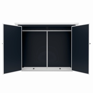Casuta / magazie de gradina premium, panel plastic si ranforsare metal, MESTERINO Colin-A, Gri/Bej, dimensiuni 199x90x149 cm, usi cu balama, baza metalica - Img 4