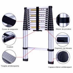 Scara telescopica din aluminiu MESTERINO TOOLS JL-101-3.8, 13 trepte, 3.8 metri, greutate maxima 150 kg - Img 3