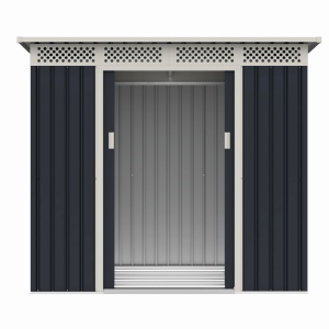 Casuta / magazie de gradina premium metalica, MESTERINO Bella-A, Gri/Bej, dimensiuni 215x142x184 cm, cu usi culisante si baza metalica - Img 4