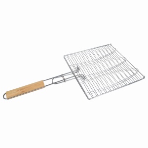 Suport triplu pentru prajit peste la gratar KLUGMEISTER KY3769, material inox cu maner de lemn