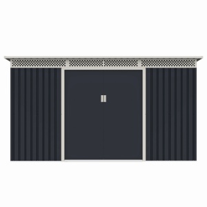Casuta / magazie de gradina premium metalica, MESTERINO Bella-C, Gri/Bej, dimensiuni 343x142x184 cm, cu usi culisante si baza metalica