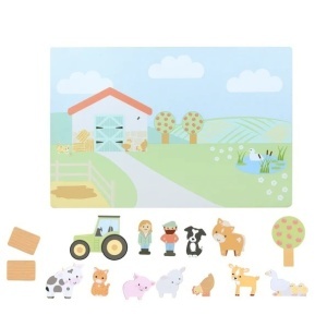 Fermier, animale și garduri din lemn pe decor de fermă