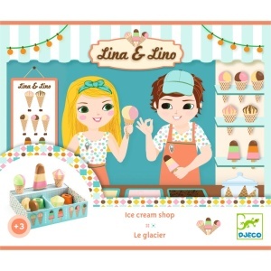 Set gelaterie din lemn Lina & Lino, cu cornete, înghețată pe băț și piese colorate.