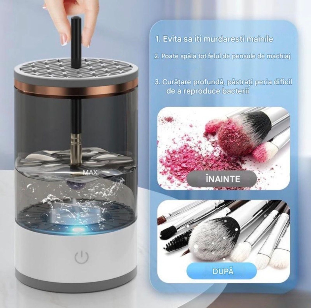 Aparat electric curatare pensule machiaj USB, dispozitiv automat cu recipient fumuriu 3