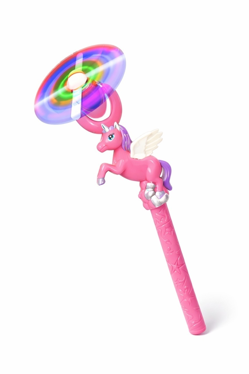 Bagheta cu elice rotativa, lumini LED si sunete, figurina unicorn roz 35 cm