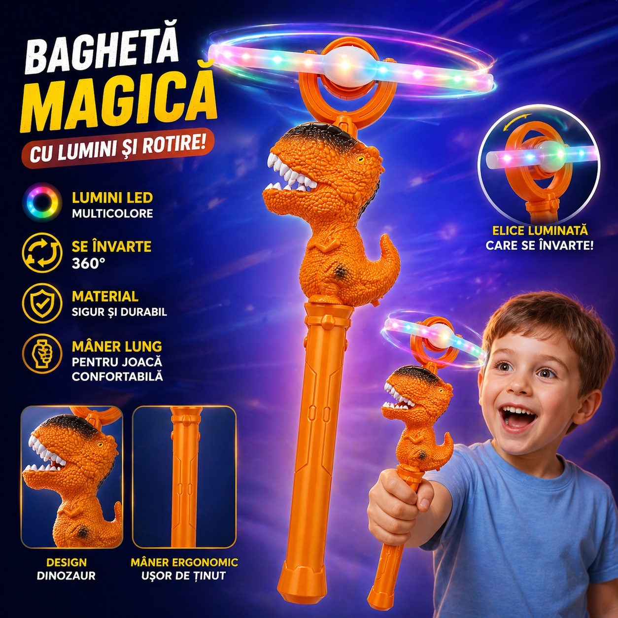 Baghetă cu lumini , Dinozaur maro, cu elice rotativă 360°, 38 cm – jucărie interactivă pentru copii