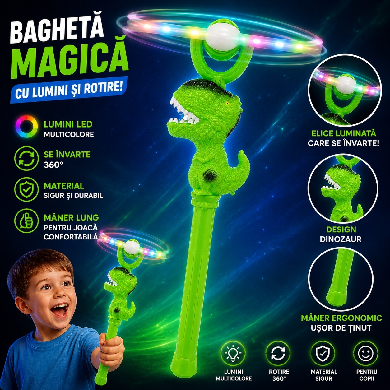 Baghetă cu lumini, Dinozaur verde, cu elice rotativă 360°, 38 cm – jucărie interactivă pentru copii