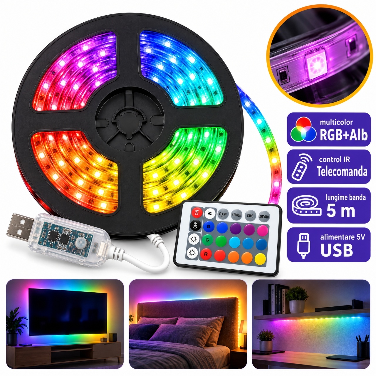 Banda LED RGB 5M cu telecomanda si USB, multicolora, pentru TV si casa
